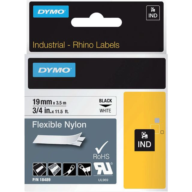 Dymo RHINO flexibele nylontape 19 mm, zwart op wit