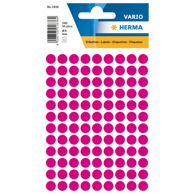 Etiket HERMA 1836 rond 8mm roze 540stuks | Blister a 5 vel