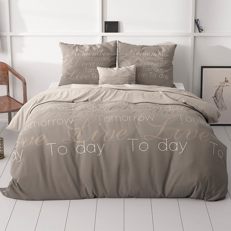 Dekbedovertrek Live Today - Lits-Jumeaux (240x220 cm) - Taupe Polyester-katoen - Dessin: Tekst - Sleeptime - Dekbed-Discounter.nl