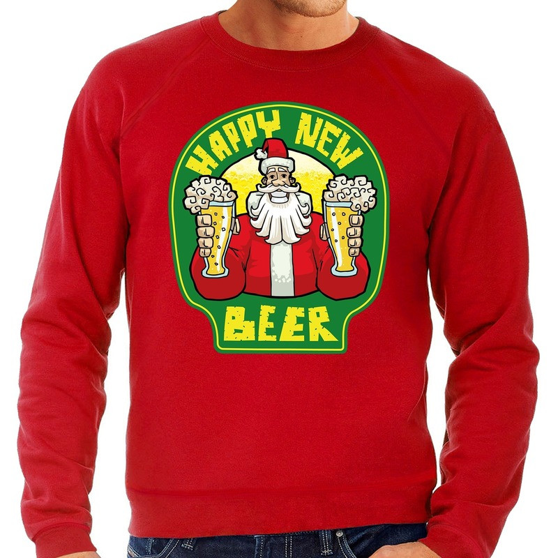 Grote maten Nieuwjaar / Kersttrui happy new beer rood heren