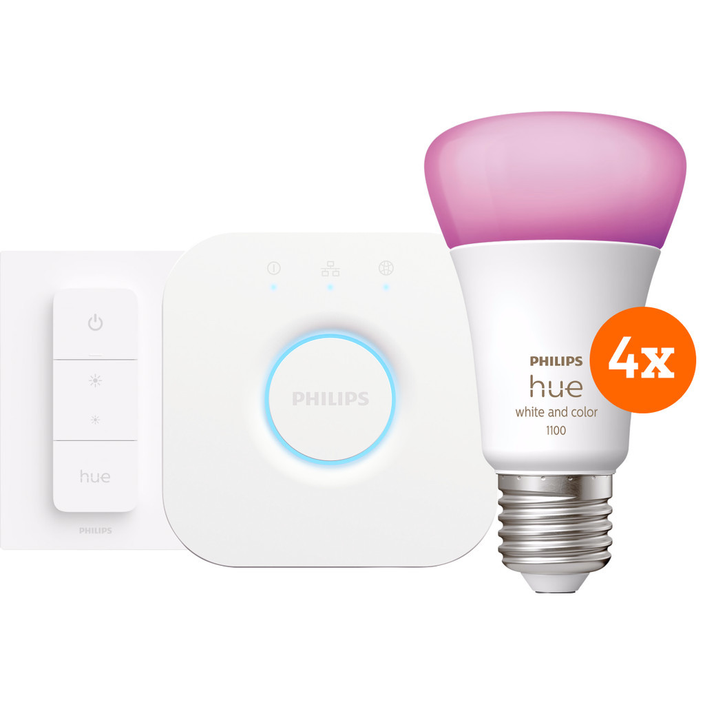 Philips Hue White and Color Starter Pack E27 met 4 lampen, dimmer + bridge