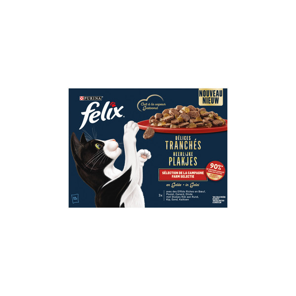 Felix Heerlijke Plakjes Farm Selectie met rund, kip, eend, kalkoen in gelei natvoer kat (12x80 g) 8 x ( 96 x 80 g)