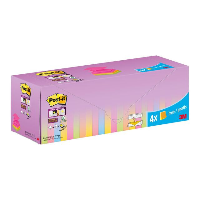 Post-it Super Sticky Z-Notes assorti, 90 vel, ft 76 x 76 mm, 20 + 4 GRATIS