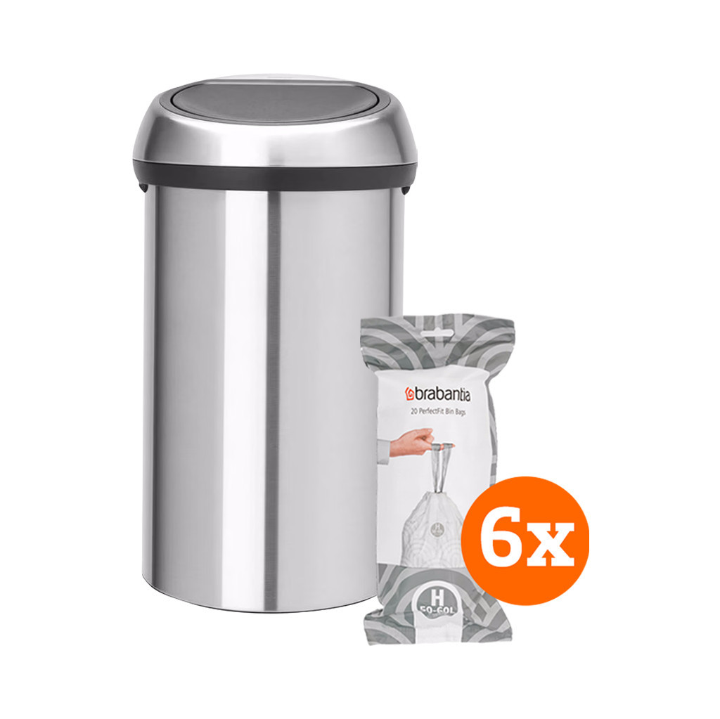 Brabantia Touch Bin 60 Liter Matt Steel + Vuilniszakken (120 stuks)