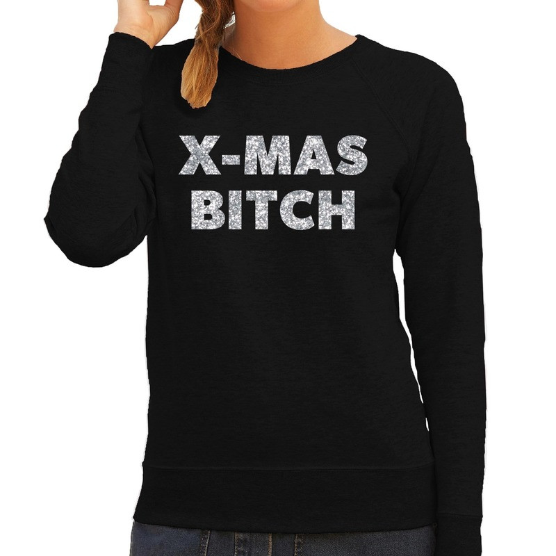 Kersttrui Christmas Bitch zilveren glitter letters zwart dames