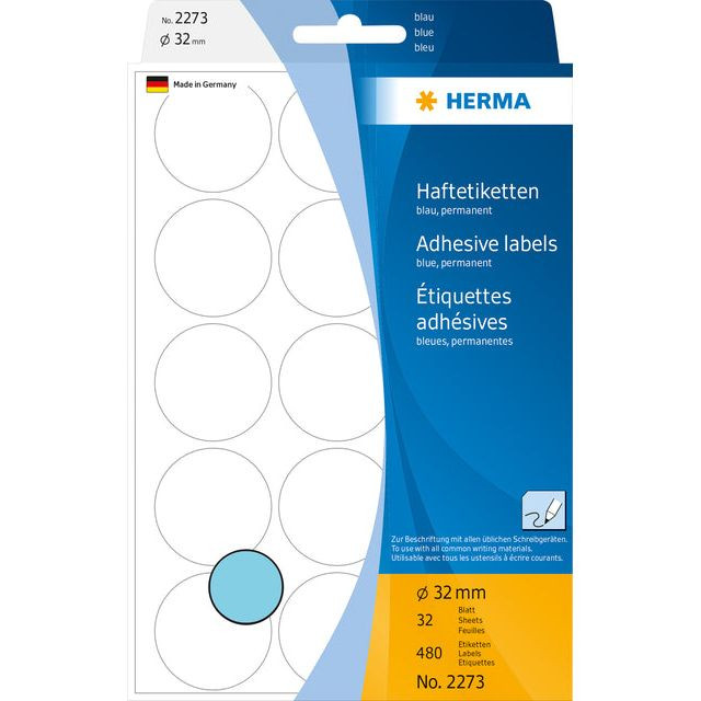 Etiket HERMA 2273 rond 32mm blauw 480stuks