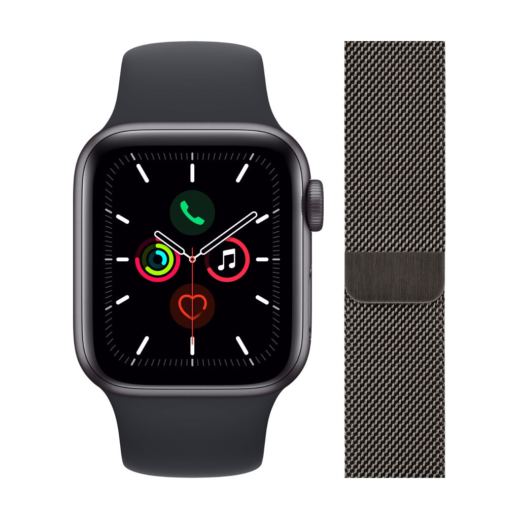 Apple Watch SE 44mm Space Gray Aluminium Nachtblauwe Sportband + Polsband Milanees Grafiet