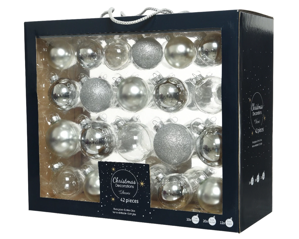 Decoris kerstballen set Glas 42st zilver 5-6-7cm