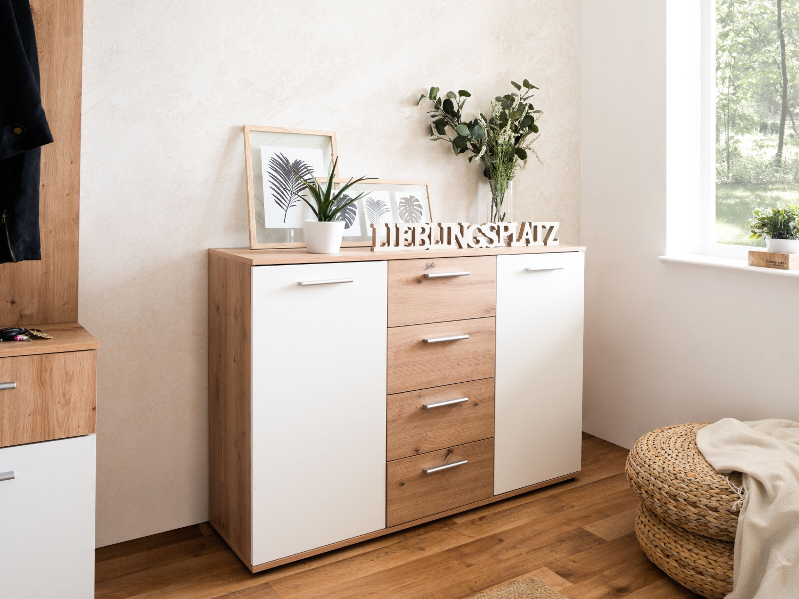 Commode JACKO 2 deuren en 4 lades sonoma eik/wit