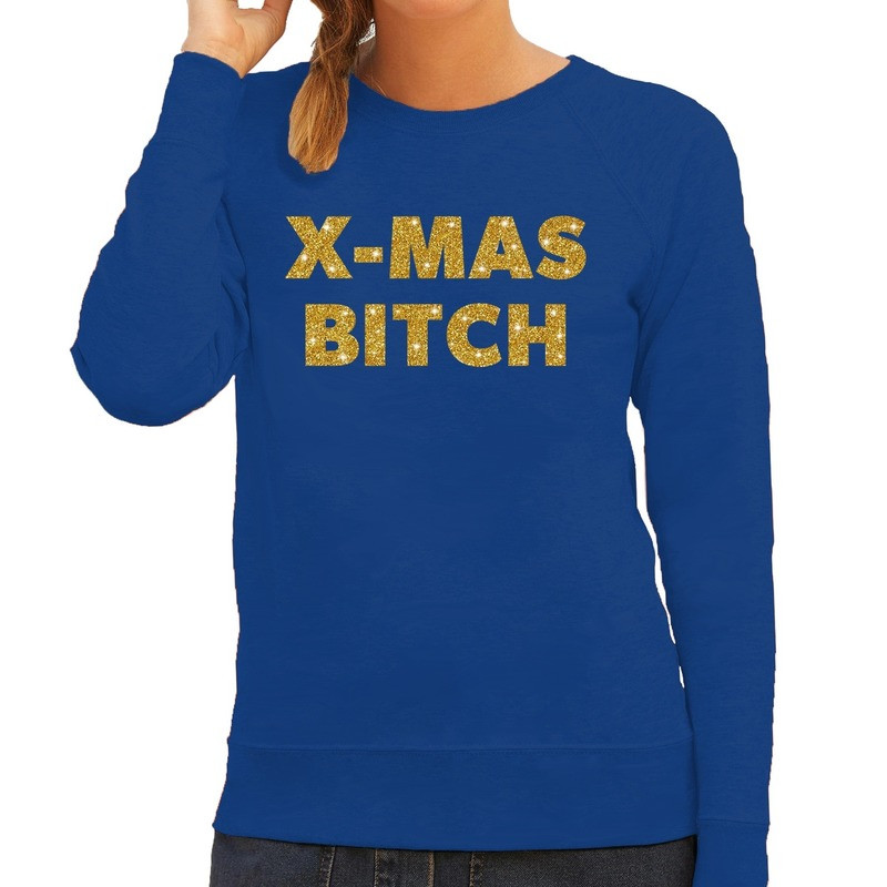 Kersttrui Christmas Bitch gouden glitter letters blauw dames