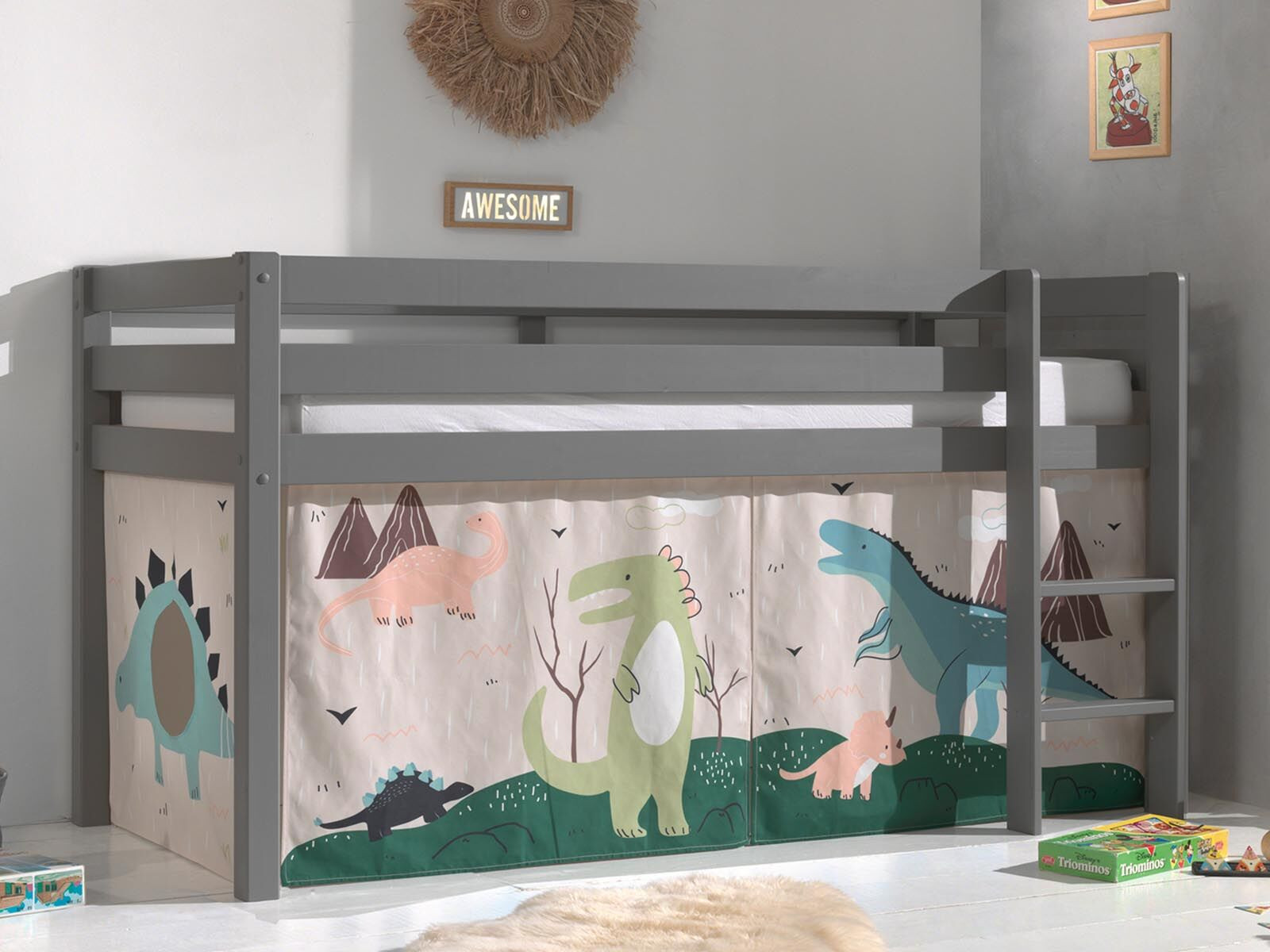 Bed ALIZE halfhoogslaper 90x200 cm grijs pijnboom tent Dinosaurus