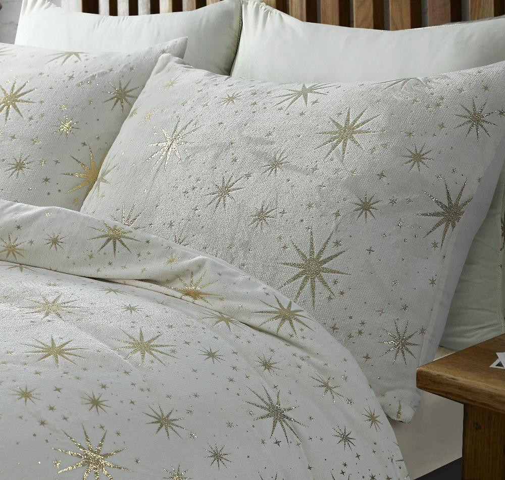 RoyalTextile - Glamour Stars Foil Dekbedovertrek Flanel - Crème - 240 x 220