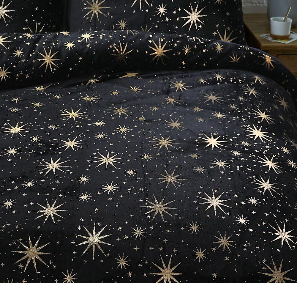 RoyalTextile - Glamour Stars Foil Dekbedovertrek Flanel - Zwart - 140 x 220