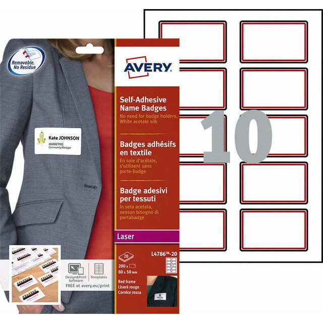 Naambadge etiket Avery L4786-20 80x50mm rood kader 200stuks