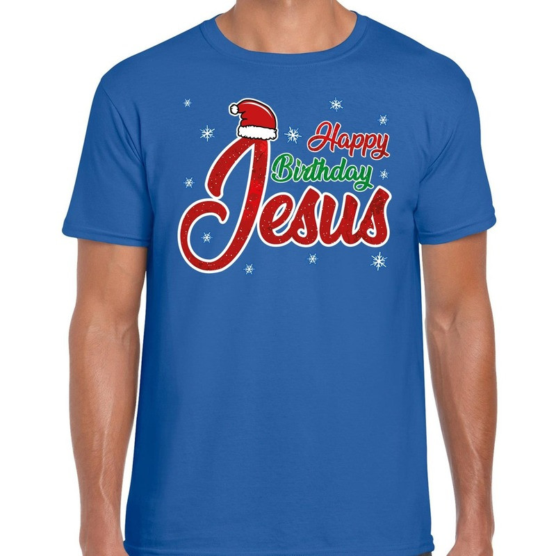 Fout Kerst shirt happy birthday Jesus blauw heren