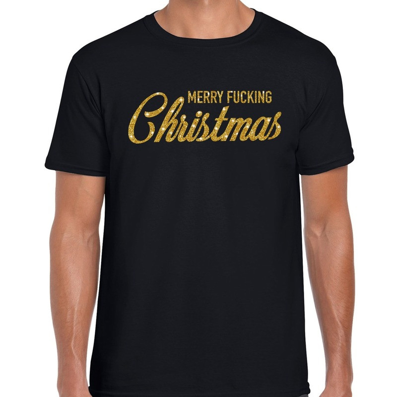 Fout kerstshirt Merry Fucking Christmas goud glitter zwart her