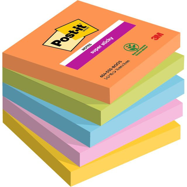 Post-it Super Sticky notes Boost, 90 vel, ft 76 x 76 mm, geassorteerde kleuren, pak van 5 blokken