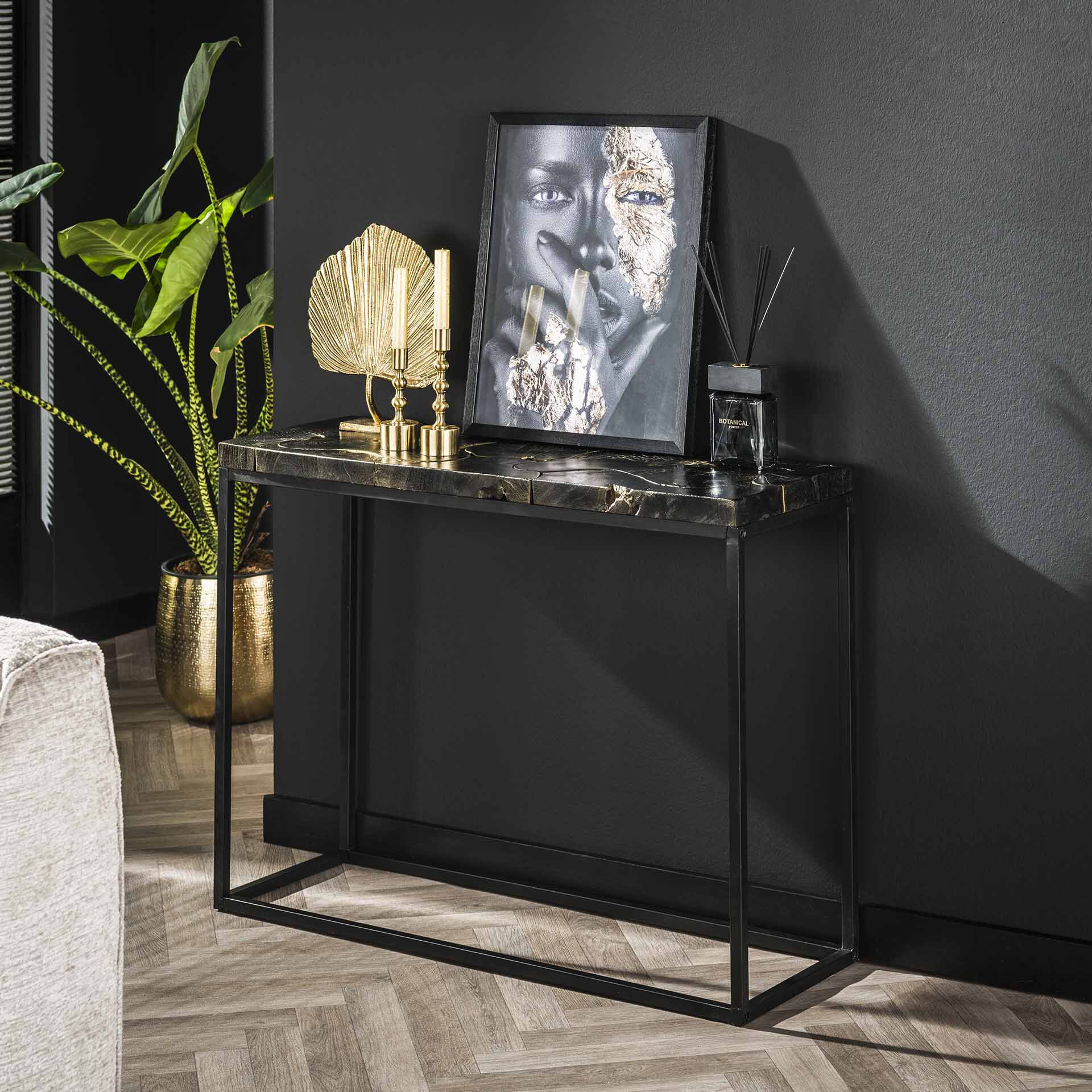 LifestyleFurn Sidetable Kaeo Teakhout, 100cm - Zwart/Goud