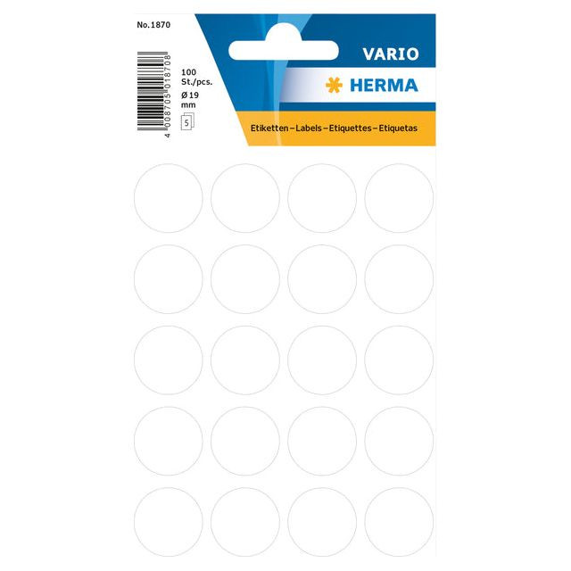 Etiket HERMA 1870 rond 19mm wit 100stuks | Blister a 5 vel