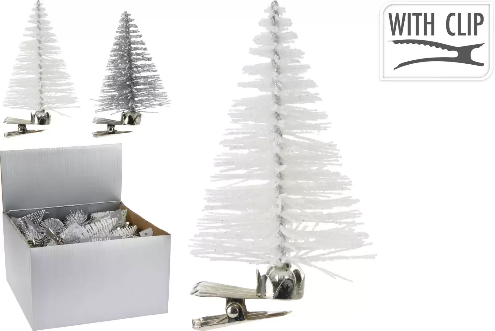 Element Kerstboom op knijper 7cm 2 assorti - Wit, zilver