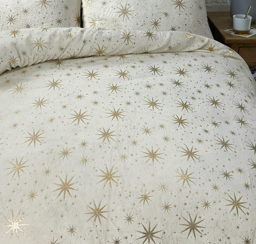 RoyalTextile - Glamour Stars Foil Dekbedovertrek Flanel - Crème - 200 x 220