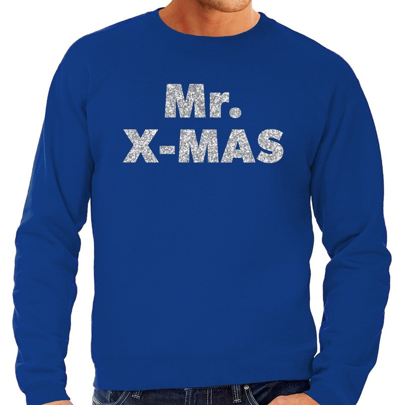 Foute Kersttrui Mr. x-mas zilveren glitter letters blauw heren