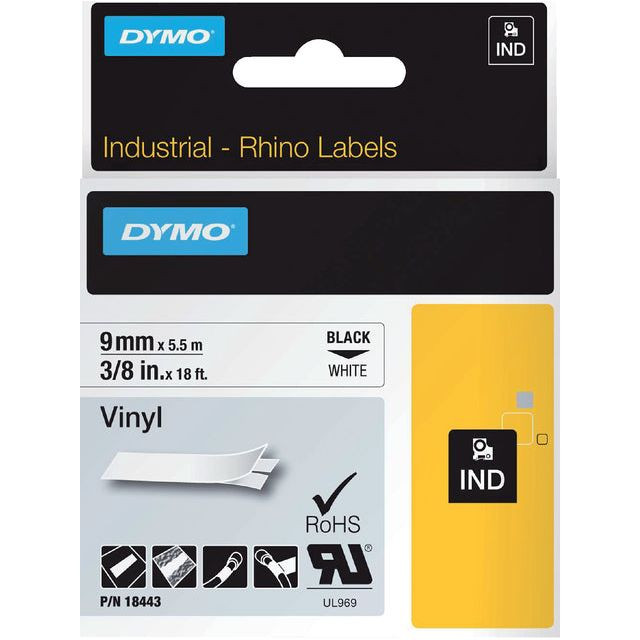 Labeltape Dymo Rhino 18443 vinyl 9mmx5.5m zwart op wit