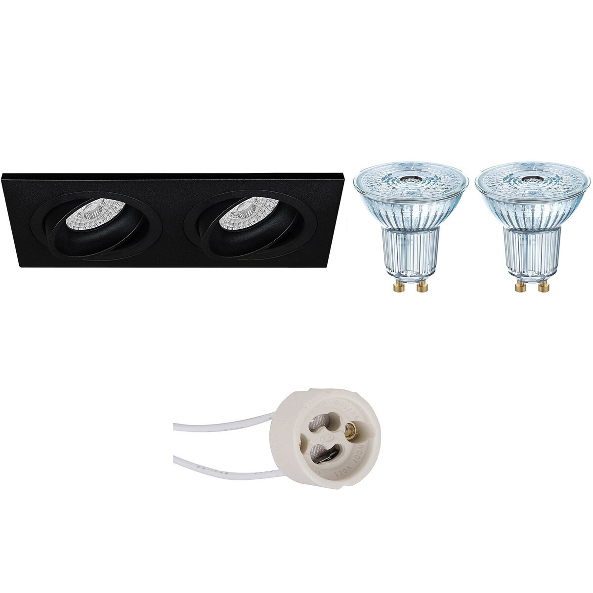 LED Spot Set - LEDVANCE Parathom PAR16 927 36D - Pragmi Borny Pro - GU10 Fitting - Dimbaar - Inbouw Rechthoek Dubbel - Mat Zwart - 5.5W - Warm Wit 2700K - Kantelbaar - 175x92mm