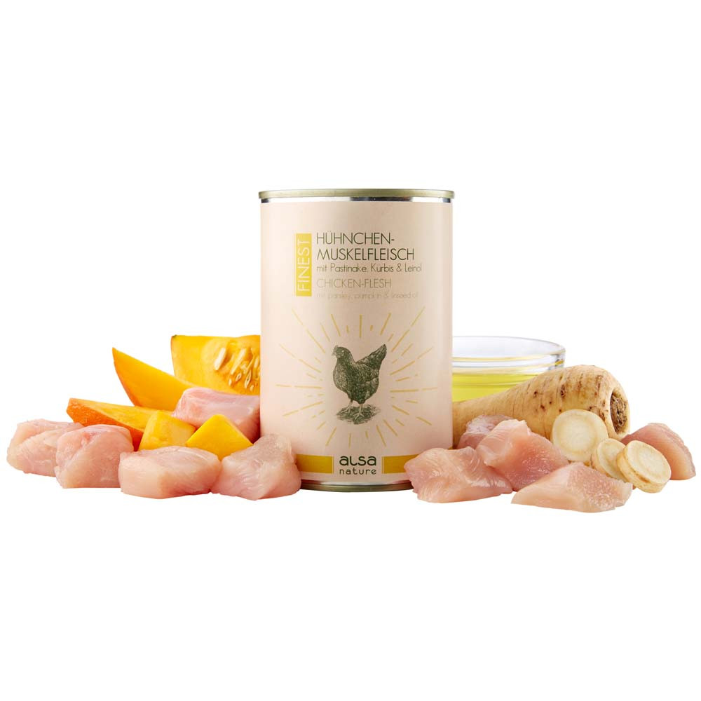 alsa-nature FINEST Kippen-spiervlees met pastinaak, pompoen en lijnolie, 400 g, Aantal: 6 x 400 g