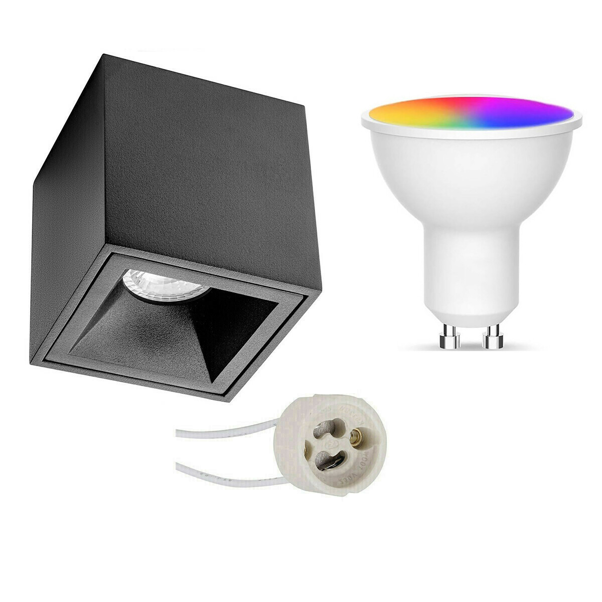 Opbouwspot Set GU10 - Facto - Smart LED - Wifi LED - Slimme LED - 5W - RGB+CCT - Aanpasbare Kleur - Dimbaar - Pragmi Cliron Pro - Opbouw Vierkant - Mat Zwart - Verdiept - 90mm