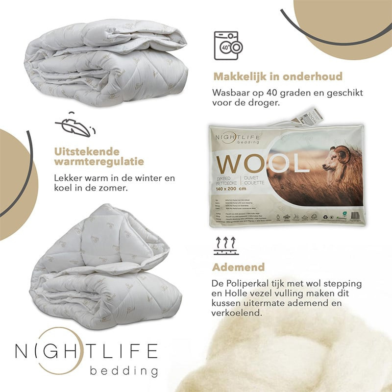 Enkel , All season Dekbed Natural Wol - 200x220 cm (Tweepersoons) - Nightlife - 450 Gram - Dekbed-Discounter.nl