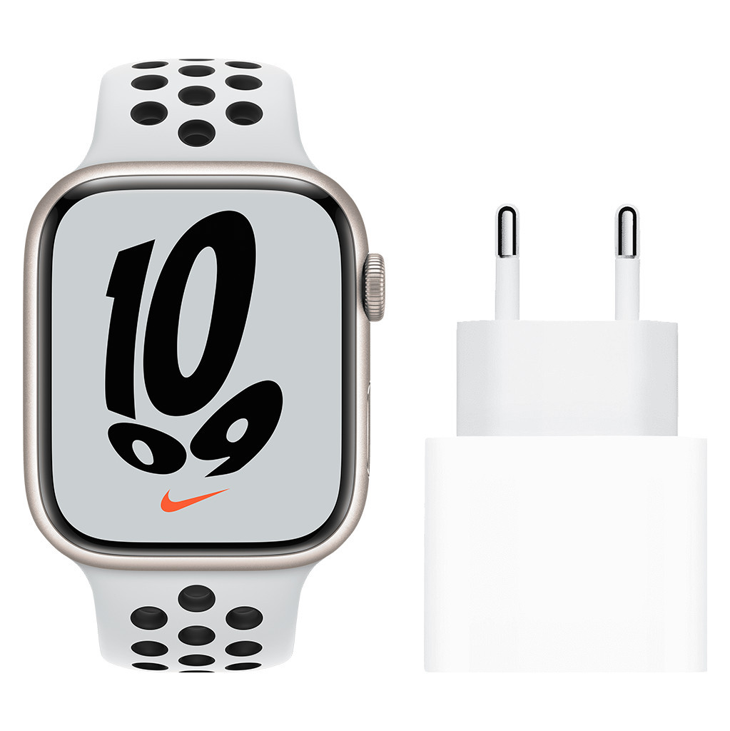 Apple Watch Nike Series 7 45mm Witgoud Aluminium Witte Sportband + Apple Usb C Oplader 20W