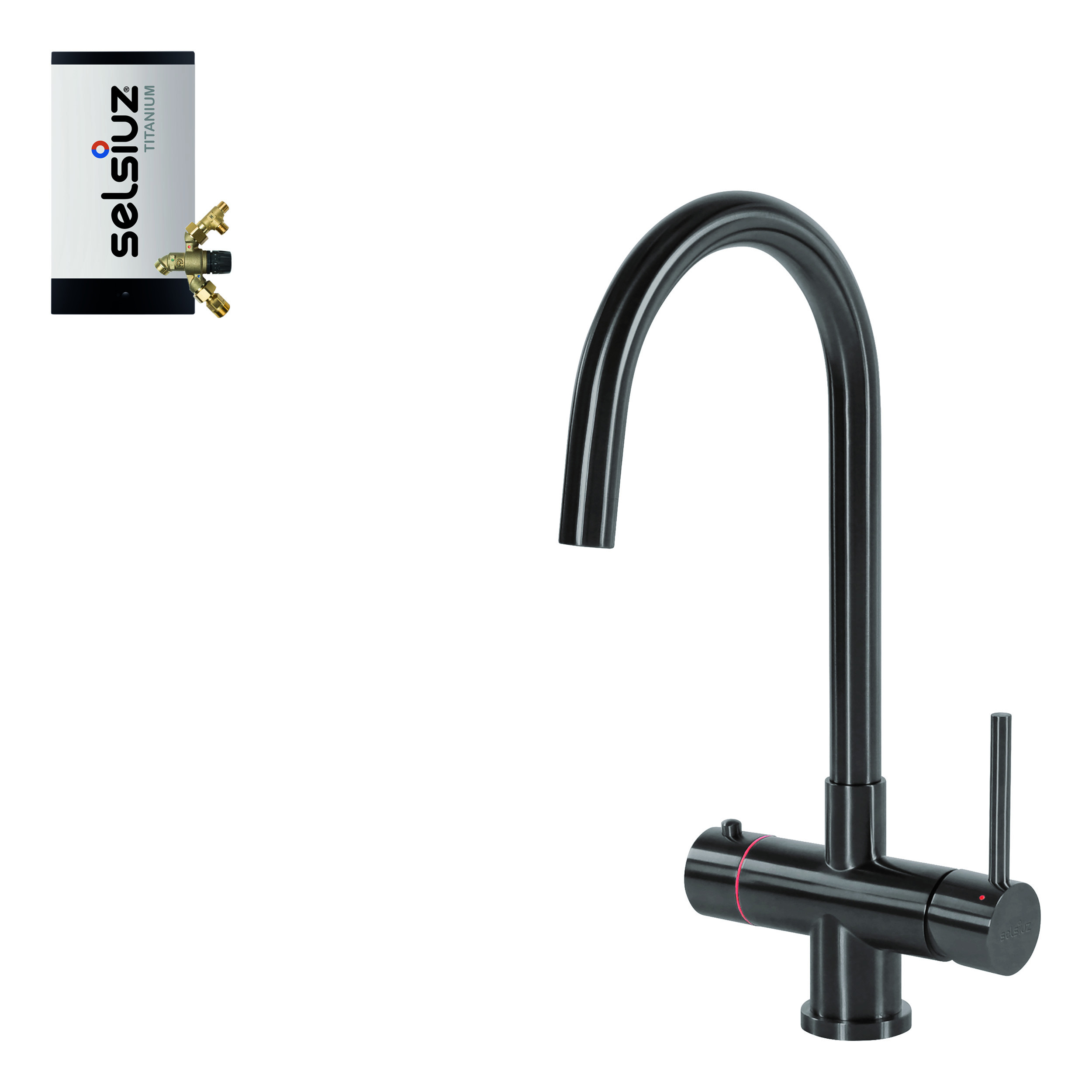 Selsiuz Inox kokend water kraan met titanium combi extra boiler en C-uitloopkraan gunmetal