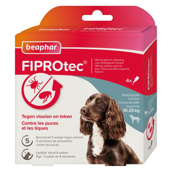 Beaphar Fiprotec Spot-On voor honden van 10 tot 20 kg 4 pipetten