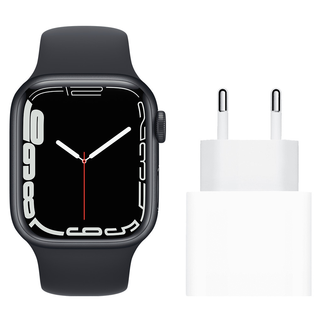 Apple Watch Series 7 41mm Middernacht Aluminium Middernacht Sportband + Usb C Oplader 20W