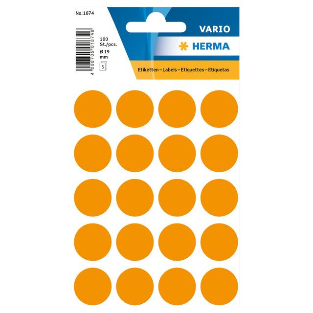 Etiket HERMA 1874 rond 19mm fluor oranje 100stuks | Blister a 5 vel