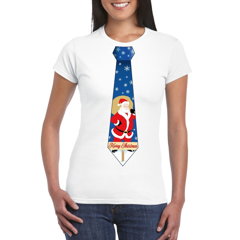 Foute Kerst t-shirt stropdas met kerstman print wit voor dames