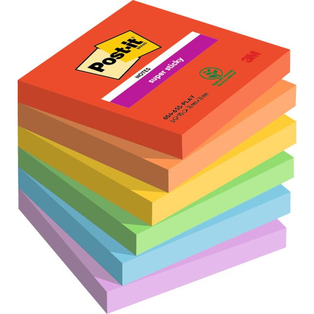 Post-it Super Sticky Notes Playful, 90 vel, ft 76 x 76 mm, geassorteerde kleuren, pak van 6 blokken