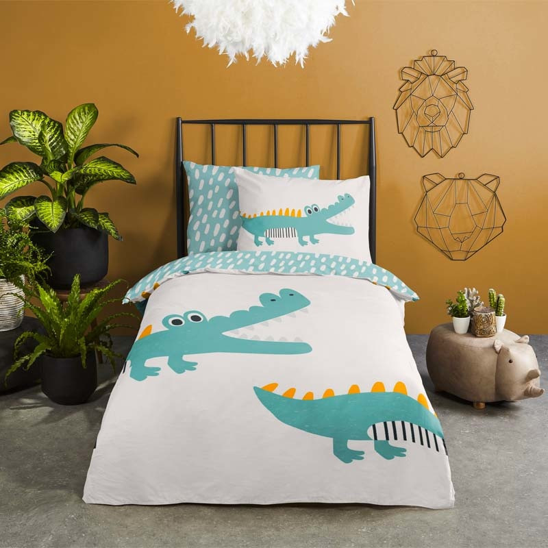 Kinderdekbedovertrek Dekbedovertrek Crocodile Happy - 200x140 cm Wit - Dessin: Dieren - Good Morning - Dekbed-Discounter.nl