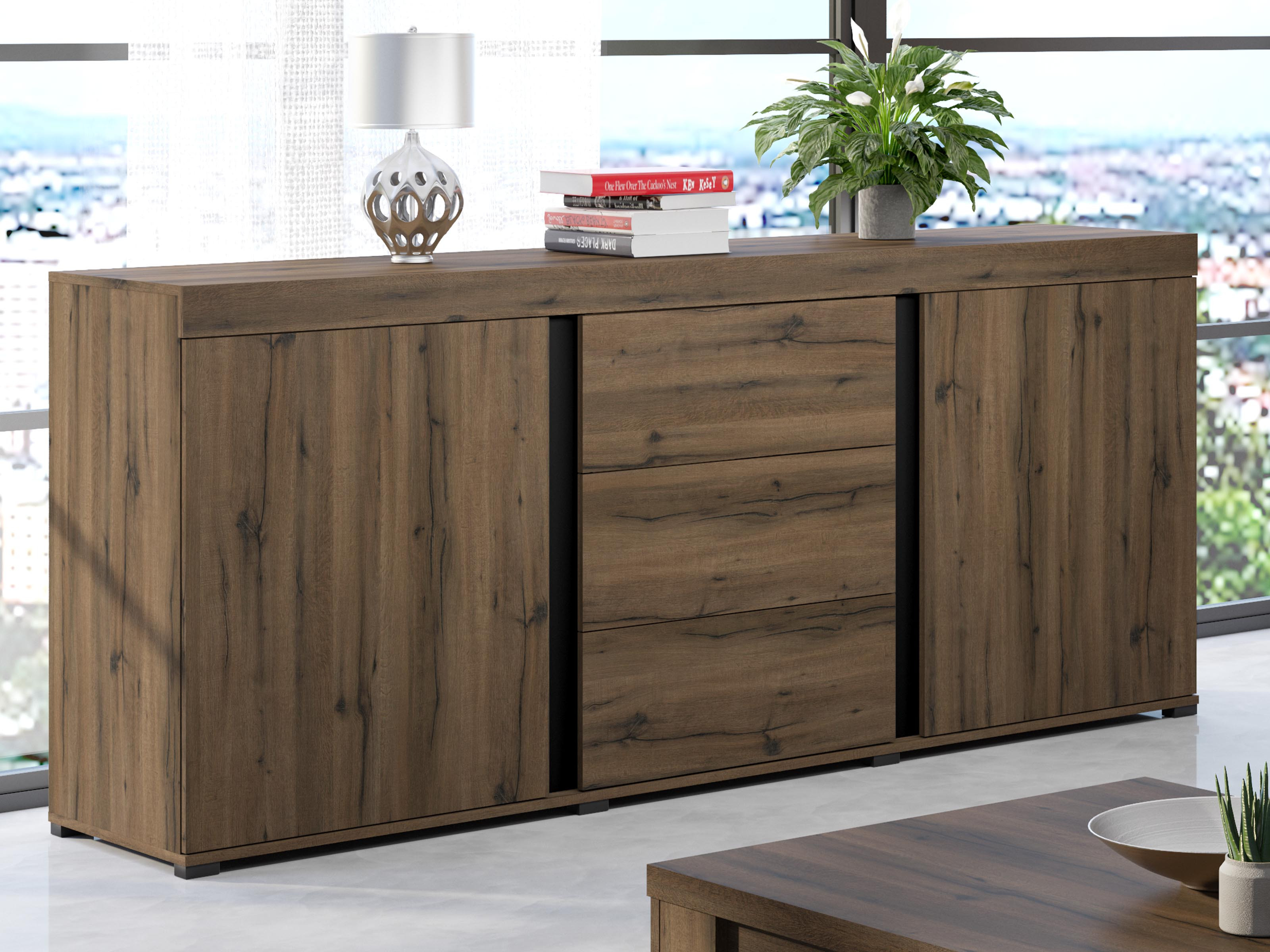 Dressoir AVILO 2 deuren 3 lades 160 cm noble eik