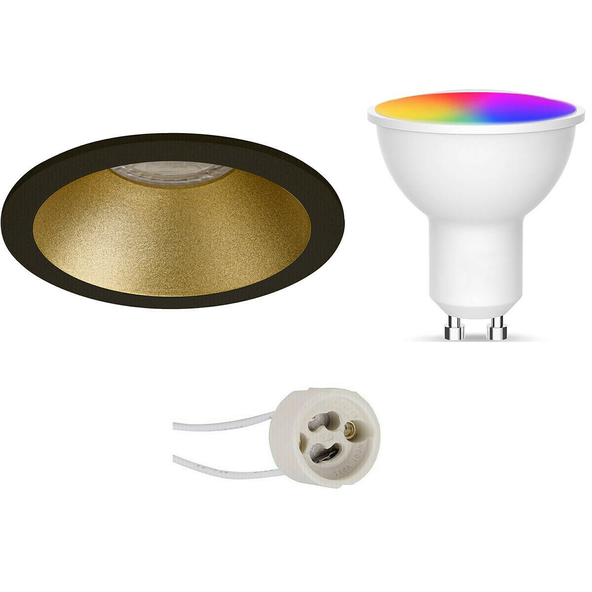 LED Spot Set GU10 - Facto - Smart LED - Wifi LED - Slimme LED - 5W - RGB+CCT - Aanpasbare Kleur - Dimbaar - Pragmi Pollon Pro - Inbouw Rond - Mat Zwart/Goud - Verdiept - Ø82mm