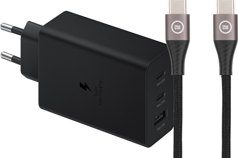 Samsung Oplader met 3 Usb Poorten 65W Zwart + Usb C Kabel Nylon Zwart 1,5m