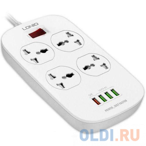 Perfeo LD_B4611  LDNIO SC4407Q/ Сетевой фильтр 2м/ 4  розетки EU_UK_US/ 2500W/ 4 USB+QC 3.0/  Выкл. на розетки/ Black