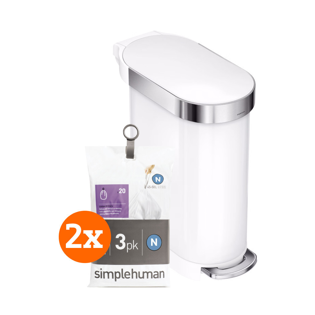 Simplehuman Slim 45 Liter Wit + Vuilniszakken (120 stuks)