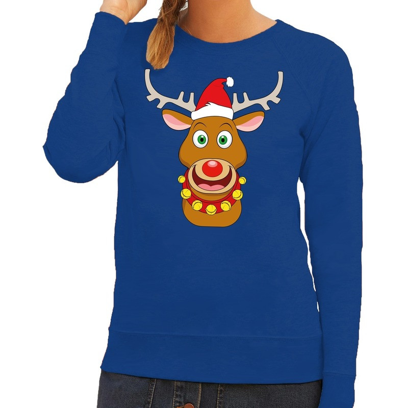 Foute kersttrui rendier Rudolf met rode kerstmuts blauw dames