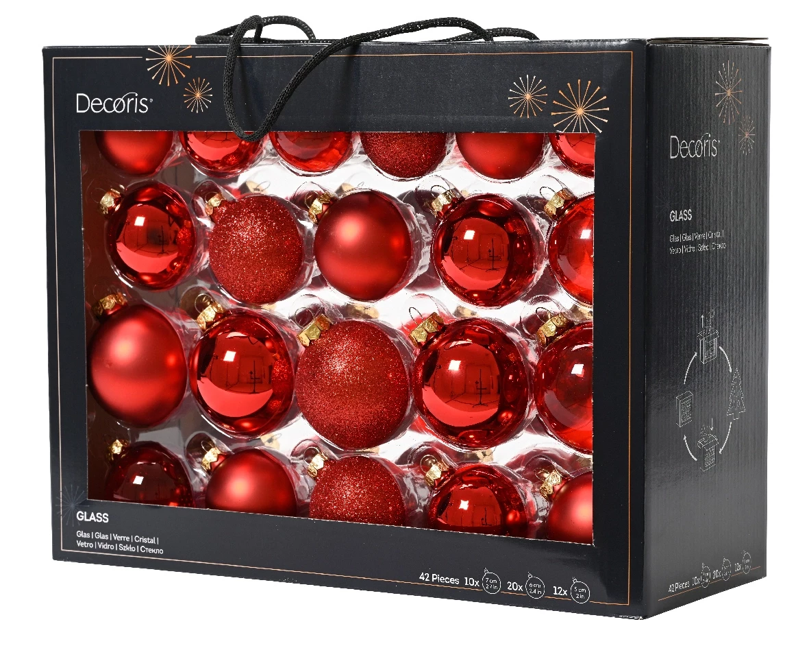 Decoris kerstballen set Glas 42st kerstrood 5-6-7cm