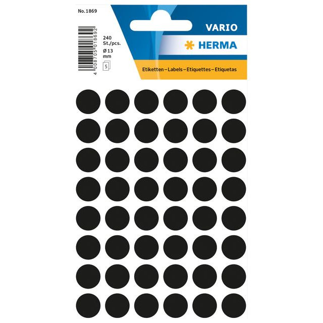 Etiket HERMA 1869 rond 12mm zwart 240stuks | Blister a 5 vel