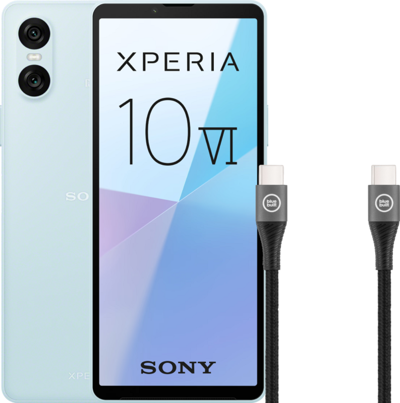 Sony Xperia 10 VI 128GB Blauw 5G + BlueBuilt Usb C Kabel 1,5m Nylon Zwart