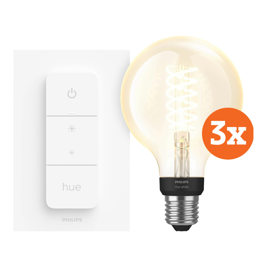 Philips Hue Filamentlamp White Globe E27 3-Pack + Dimmer