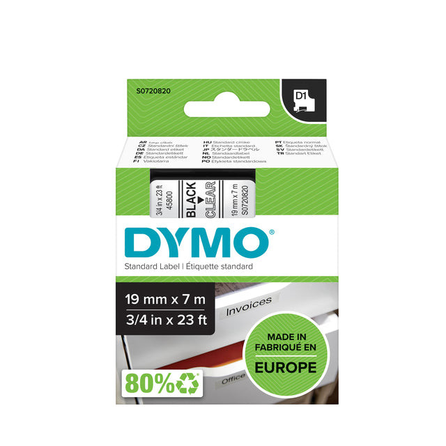 Labeltape Dymo 45800 D1 720820 19mmx7m zwart op transparant | 1 stuk